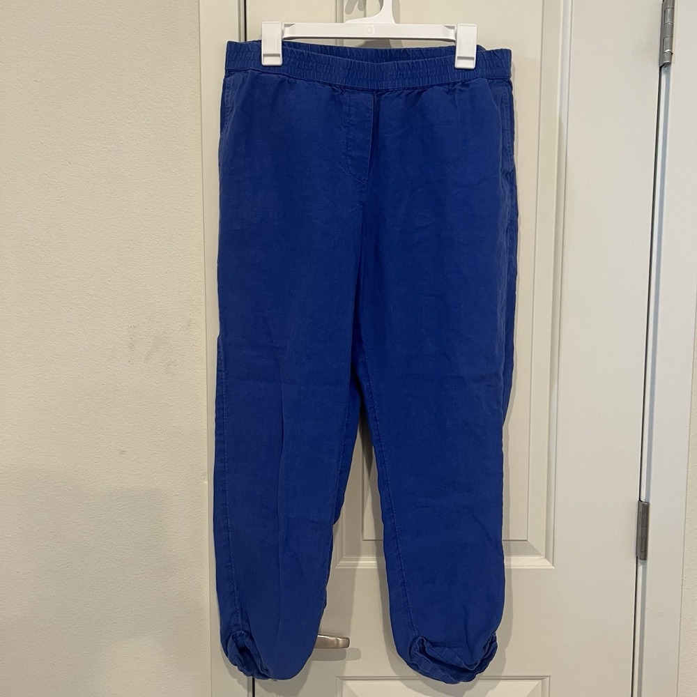 J JILL Love Linen 34" Elastic Waist Casual Pants Pockets Cobalt Blue 'medium'